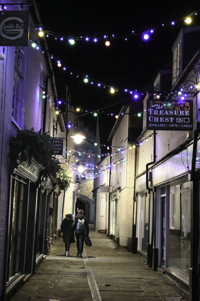 High Street Passage in Ely by night, looking towards Cathedral